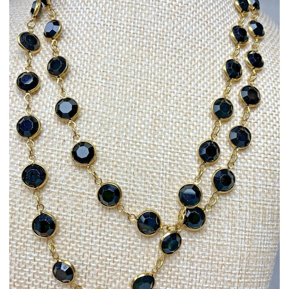 Vintage Crystal Jet Black Bezel Set Necklace Gold Tone 32" Unsigned